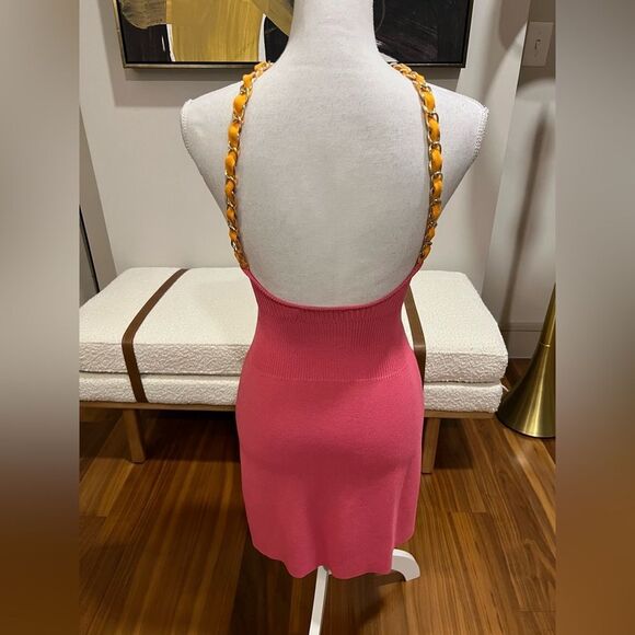 Zara Barbiecore Pink knit Dress w orange and gold straps size Small - Picture 6 of 9